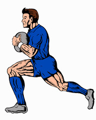 rugby player running ball blue