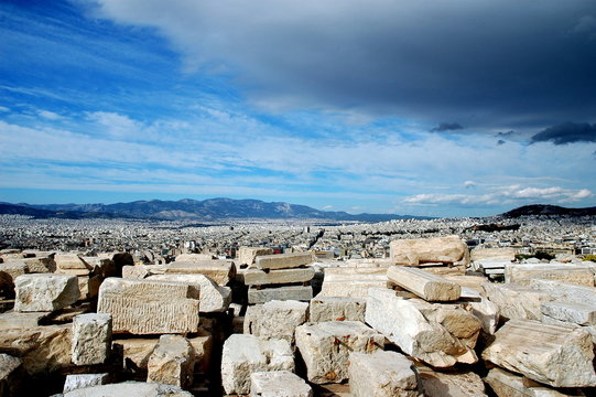 ruins with a view of the new city, athens, greece