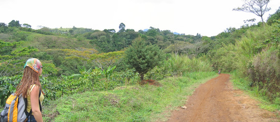 a trekker young woman with a dirty road, cameroon, africa, panor