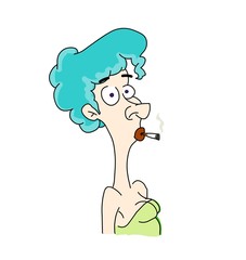 blue hair lady with a cigarette