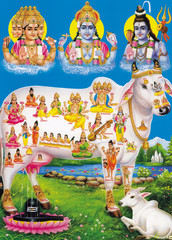 indian god brahma vishnu mahesh with holy cow