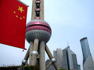 tv tower with a chinese flag