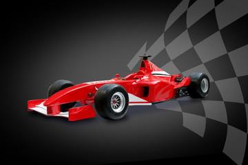 Obrazy  czerwony samochód Formuły 1 i flaga wyścigowa