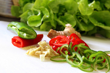 chopped chilis and ginger