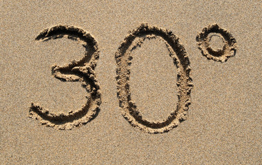 30 degrees written on a sandy beach.