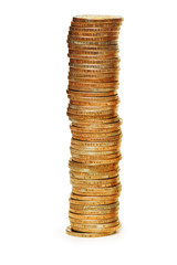 high stack of coins isolated on white