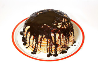 Sponge cake with chocolate and jam and almond