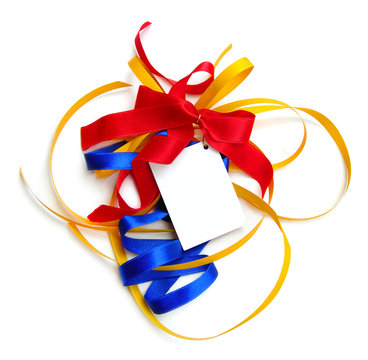 colorful present ribbons, card, isolated