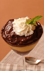 close up of chocolate and vanilla pudding
