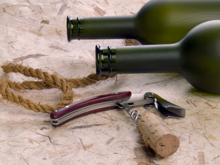 close up vine botles and corkscrew