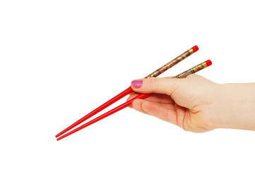 hand with chopsticks isolated on the white