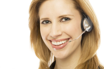 businesswoman uses headset