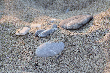 Fototapeta na wymiar sabbia con sassi vicino al mare battigia