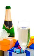 gifts with champagne bottle and glass