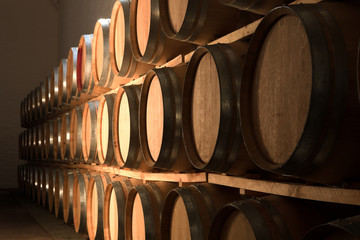 oak barrels maturing red wine and brandy