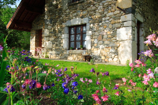 fleurs et maison en pierres