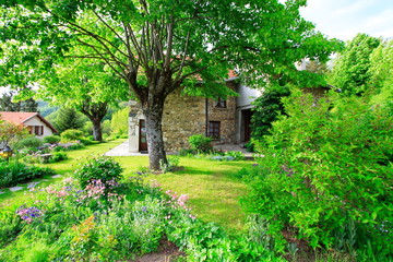 jardin vert et maison en chartreuse