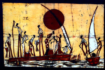 African art batik wall decoration with people and sail boats.