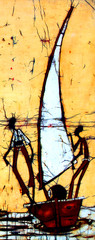 African art batik wall decoration with people and a sail boat.
