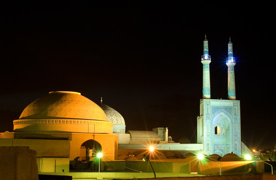 mosque in night lights, yazd, iran