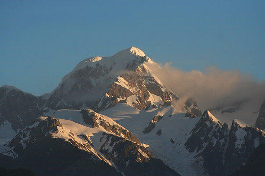 Snow covered top of Mount Cook of New Zealand