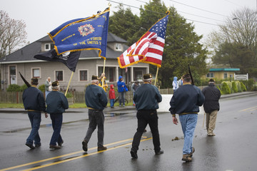 vfw color guard marching on a foggy day