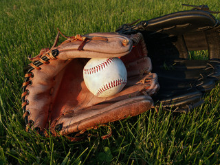 "baseball": adult and child gloves with ball