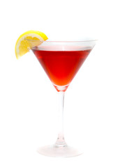 a cocktail  with an lemon on a white background