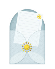 a blue envelope with yellow sun and a striped shee