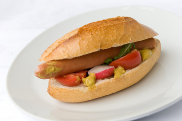 hot dog - saftiges wuerstchen mit senf und tomaten