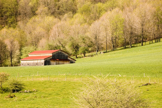 close up of a barn with red roof