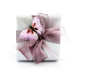 gift box with mauve ribbon and butterfly