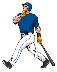 Baseball batter looking after a hit