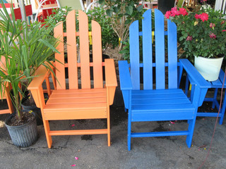 orange and blue adirondack chairs