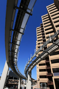 futuristic monorail going around skyscrapers