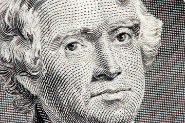 thomas jefferson close up from two dollar bill - obrazy, fototapety, plakaty
