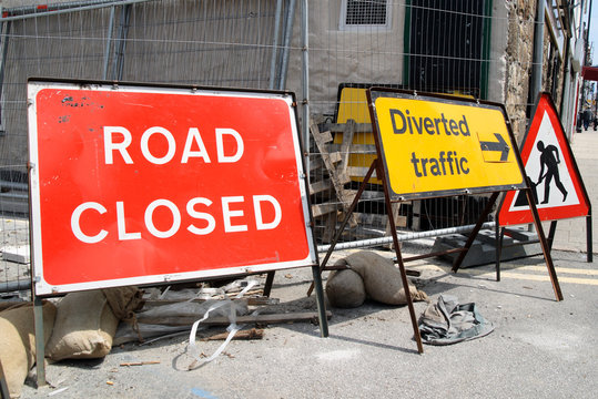 british roadworks with road closed and diverted tr