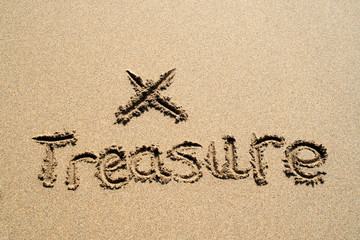 the word treasure written in the sand with an x.