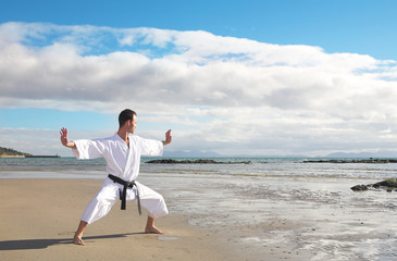 Man practicing Karate on the beach