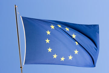 European flag on a blue sky close-up