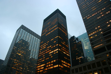 Highrise buildings at dusk in midtown Manhattan, New York