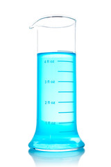 A test flask with blue liquid reflected on white background