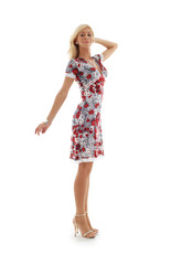 classical pin-up image of lovely blond in colorful dress