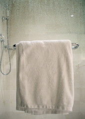 White Towel on Rack on Wet Glass Shower Door