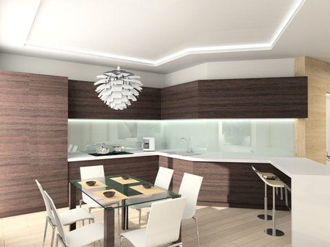 modern comfortable kitchen. 3D render. Hi-tech design