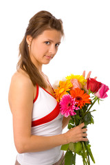 the young woman with flowers on white background