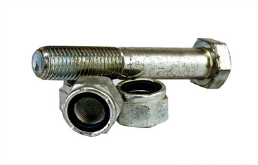 assorted bolts and nuts on white background