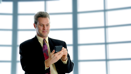 smiling businessman on the pda for business