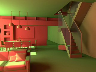 modern acid interior design (private apartment 3d rendering).