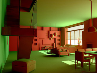 modern acid interior design (private apartment 3d rendering).